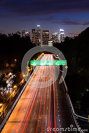 Los Angeles Downtown City Skyline Rush Hour Traffic Dusk Stock Photo