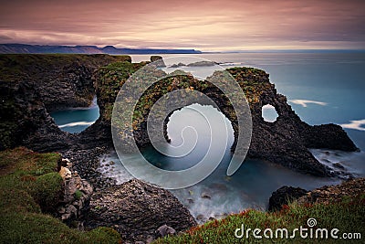 Long exposure of Gatklettur arch rock near Hellnar ,Snaefellsnes Peninsula ,Iceland. Stock Photo