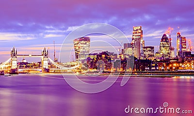 Long exposure, illuminated London cityscape at night Editorial Stock Photo