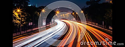 A long-exposure image of light trails from moving vehicles at night, creating a sense of motion and excitement. Web banner Stock Photo