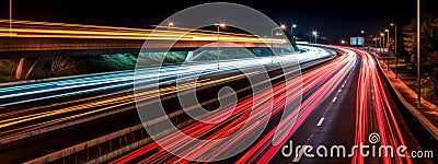 A long-exposure image of light trails from moving vehicles at night, creating a sense of motion and excitement. Web banner Stock Photo