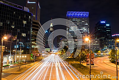 Long Exposure of the Inner Harbor at Night Time in Baltimore, Ma Stock Photo