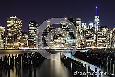 Long exposure of Manhattan skyline at night Stock Photo