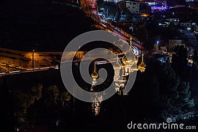 Night photo of Church of Mary Magdalene from the top of Mount of Olives, Jerusalem, Israel Stock Photo