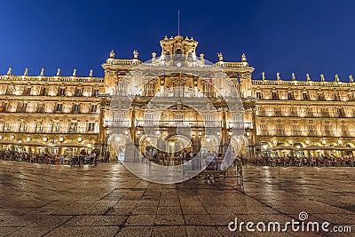 Long exposure photography Plaza Mayor, main square in Salamanca in a beautiful summer night. Community of Castile and LeÃ³n, Spain Stock Photo
