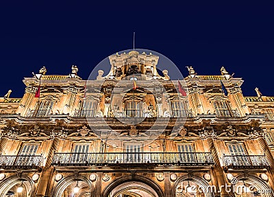 Long exposure photography of Plaza Mayor, main square, In Salamanca night. Community of Castile and LeÃ³n, Spain Stock Photo