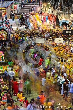 Long exposure scene of the crowd inside Batu Cave temple during Thaipusam festival Editorial Stock Photo