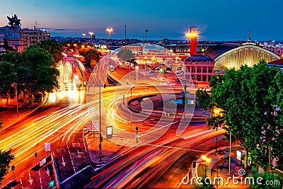 Long exposure shot of Plaza del Emperador Carlos V Square of Emperor Carlos V atocha station exterior view Madrid Spain Stock Photo