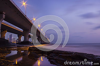 Long exposure shot of sea link in Mumbai India. Unique perspective of bandra worli sea link. Room for text. Copy space. Stock Photo