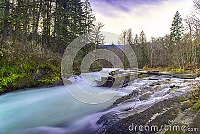 Long exposure shot of Stamp River Falls in Port Alberni, Canada Stock Photo