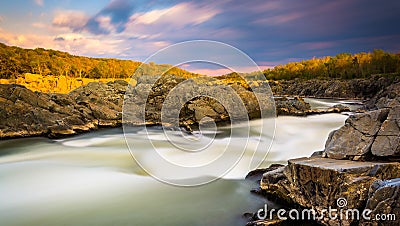 Long exposure at sunset of rapids at Great Falls Park, Virginia. Stock Photo