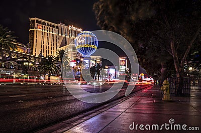 Long exposure of traffic outside the Paris Balloon on Las Vegas Boulevard Editorial Stock Photo