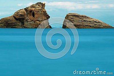 Large Rocks in Bay connected with Religious Rope in Japan Stock Photo