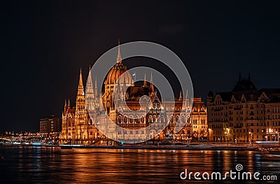 Long exposure view of Hungarian Paliament National Assembly by Danube river in the evening Stock Photo