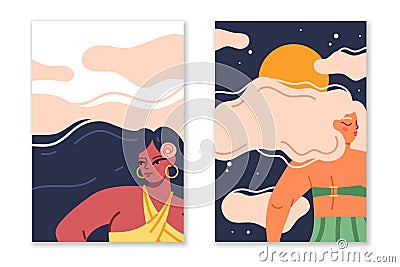 Long female hair. Wavy women hairstyle in nature silhouette, beautiful characters, femmes in swimsuit and bikini, summer time. Vector Illustration