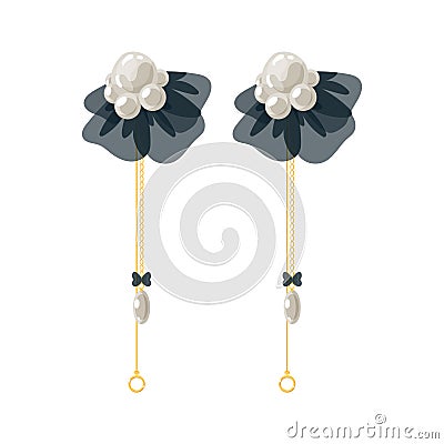 Long gold dangle earrings with pearl. chain and black bow isolated on white background. Modern Trendy Expensive Women Accessories Vector Illustration