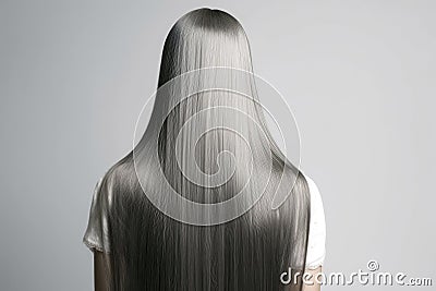 Long Gray Straight Hair , Rear View On White Background. Generative AI Stock Photo