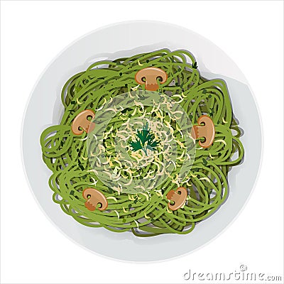 Long green pasta with mushrooms, cheese and parsley in plate isolated on white background. Vector Illustration
