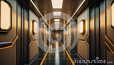 Long grey and yellow futuristic hallway, Generative AI Stock Photo