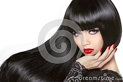 Long Hair. Beautiful Brunette Girl. Healthy Black Hairstyle. Red Stock Photo