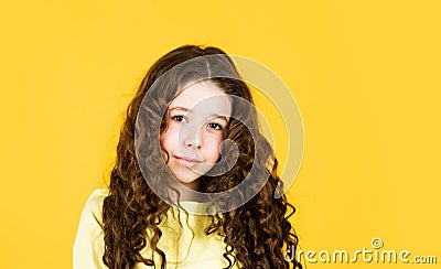 Long hair. Easy hairdo. Beauty supplies. Perfectly untangle curly hair. Pretty girl curly hair yellow background Stock Photo