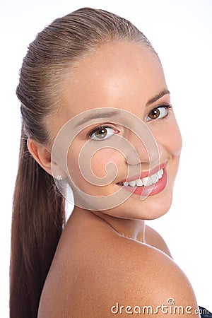 Long hair ponytail and big smile by happy woman Stock Photo