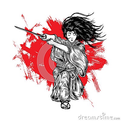 Long Hair Samurai Attacking With His Katana, Hand Drawn Illustration Stock Photo