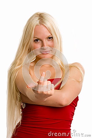 Long-haired blonde dressed up in red alluring you Stock Photo