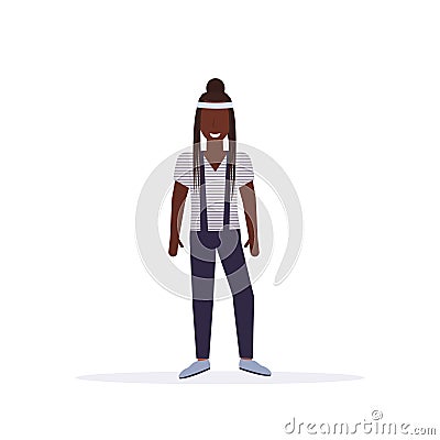 Long haired casual man standing pose smiling african american guy wearing trendy clothes male cartoon character full Vector Illustration