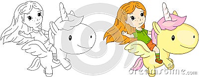 Long-haired girl flying on a fairy unicorn Vector Illustration