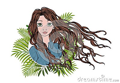 Long-haired girl in green floral frame. Colorful flat vector illustration. Isolated on white background. Vector Illustration