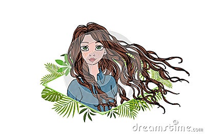 Long-haired girl in green floral frame. Colorful flat vector ilustration. Isolated on white background. Vector Illustration