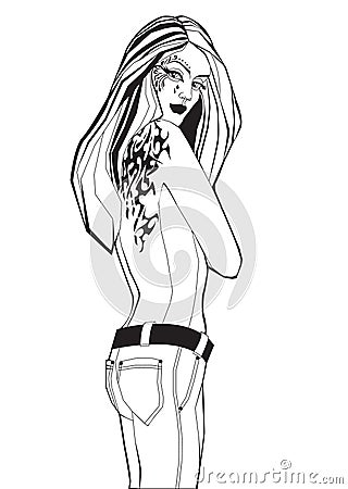 Long-haired half-naked girl with tattoos.vector illustration Vector Illustration