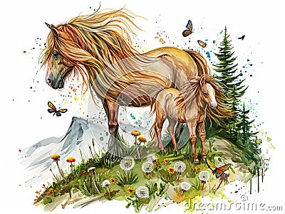 Long haired pony and foal on hillside Stock Photo