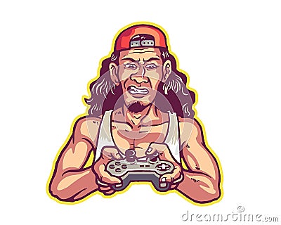 Long Haired Red Neck Gamer Holding Joystick Cartoon Mascot Logo Badge Vector Illustration