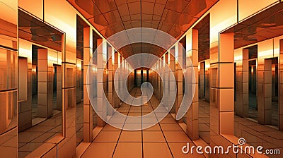 A long hallway with many mirrors on the walls. Generative AI image. Stock Photo