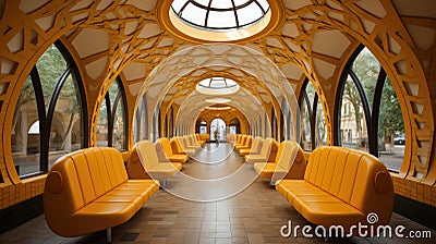 A long hallway with many yellow seats, AI Stock Photo