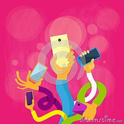 Long Hands Group Hold Colorful Smart Phones Vector Illustration