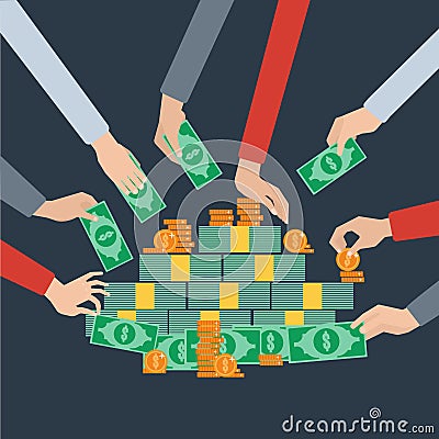 Long hands money grabbing flat poster Vector Illustration