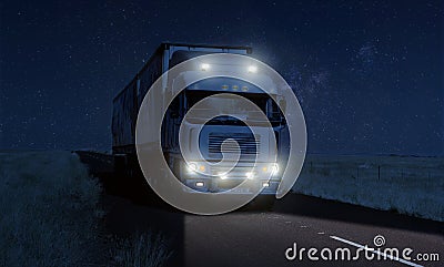 Long Haul overnight Trucking Logistics on a dark country highway road Stock Photo