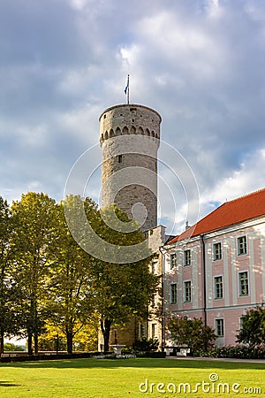 Long Herman tower and Governor's garden with parliament building (Riigikogu) in old town, Tallinn, Estonia Stock Photo