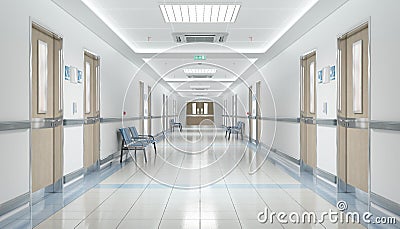 Long hospital bright corridor with rooms and seats 3D rendering Stock Photo