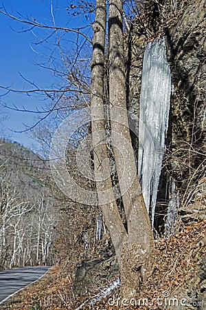 A long icile falls from a frozen waterfall beside a narrow road. Stock Photo