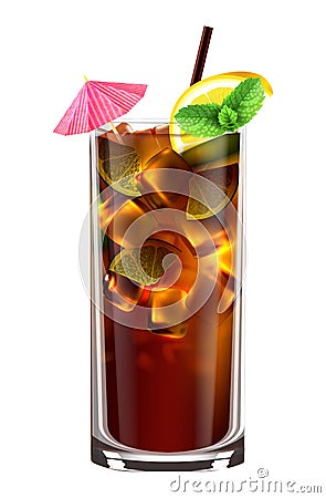 Long island iced tea cocktail in tall glass with ice Cartoon Illustration