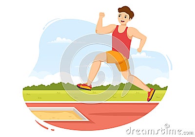 Long Jump Illustration with Athlete Doing Jumps in Sand Pit for Web Banner or Landing Page in Sport Championship Cartoon Vector Illustration
