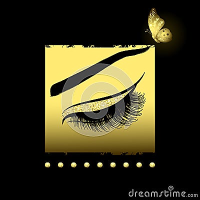 Long Lashes on a Gold Decorative Background Vector Illustration