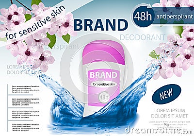 Long-lasting deodorant antiperspirant for woman with water splash and blossom cherry or sakura. Package design or poster, Vector Illustration