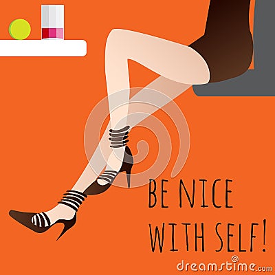 Long legged girl sitting at the table and drink juce Vector Illustration