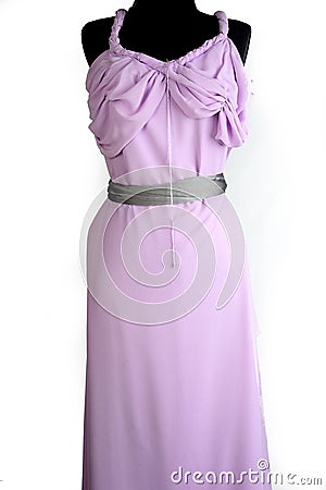 Long lilac dress with gray belt , beautiful fashion party outfit dressed on mannequin on white background Stock Photo