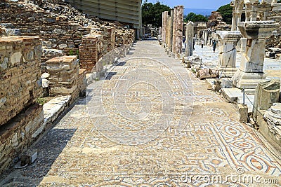 Long line of ancient mosaic at Ephesus, Turkey. Stock Photo